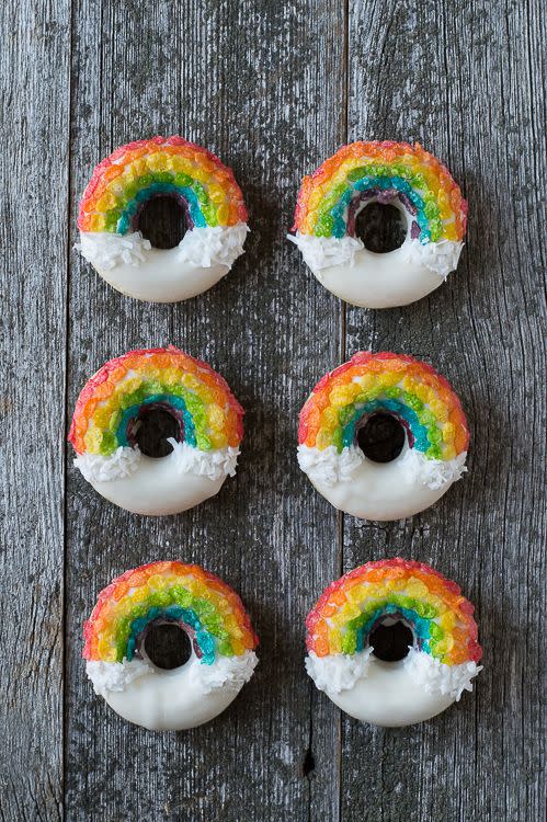 <p>Never thought of using Fruity Pebbles to decorate? Here's your chance. </p><p>Get the <strong><a href="https://thefirstyearblog.com/rainbow-donuts/" rel="nofollow noopener" target="_blank" data-ylk="slk:Rainbow Donuts recipe;elm:context_link;itc:0;sec:content-canvas" class="link ">Rainbow Donuts recipe</a> </strong>from The First Year.  </p><p><span class="redactor-invisible-space"><strong>RELATED:</strong> <a href="https://www.goodhousekeeping.com/food-recipes/g26311003/rainbow-foods/" rel="nofollow noopener" target="_blank" data-ylk="slk:12 Rainbow Foods That'll Bring You a Pot of Gold on St. Patrick's Day and Beyond;elm:context_link;itc:0;sec:content-canvas" class="link ">12 Rainbow Foods That'll Bring You a Pot of Gold on St. Patrick's Day and Beyond</a><br></span></p>