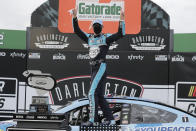 Kevin Harvick celebrates after winning the NASCAR Cup Series auto race Sunday, May 17, 2020, in Darlington, S.C. (AP Photo/Brynn Anderson)