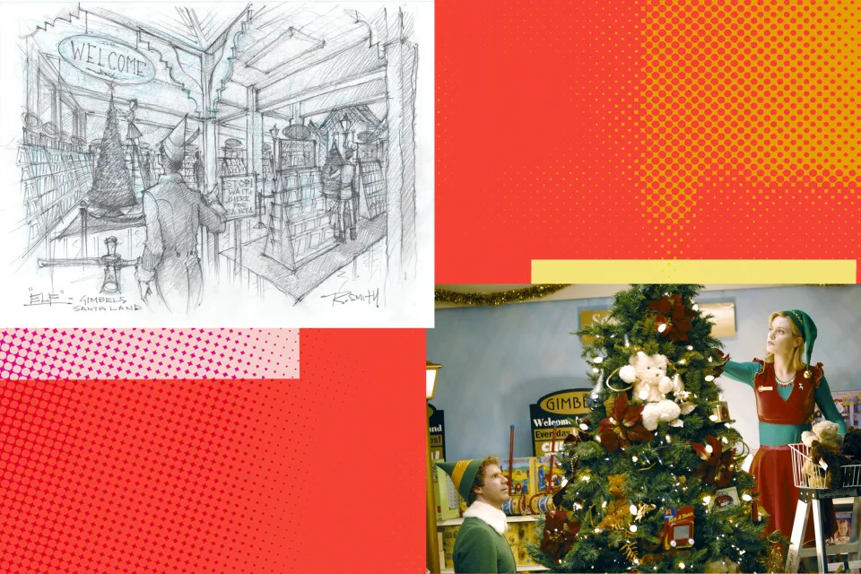 Smith’s original vision for Gimbels department store, upper left, with the store that ultimately came to be in Elf. 