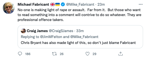 Michael Fabricant later tweeted that those who had criticised him were 