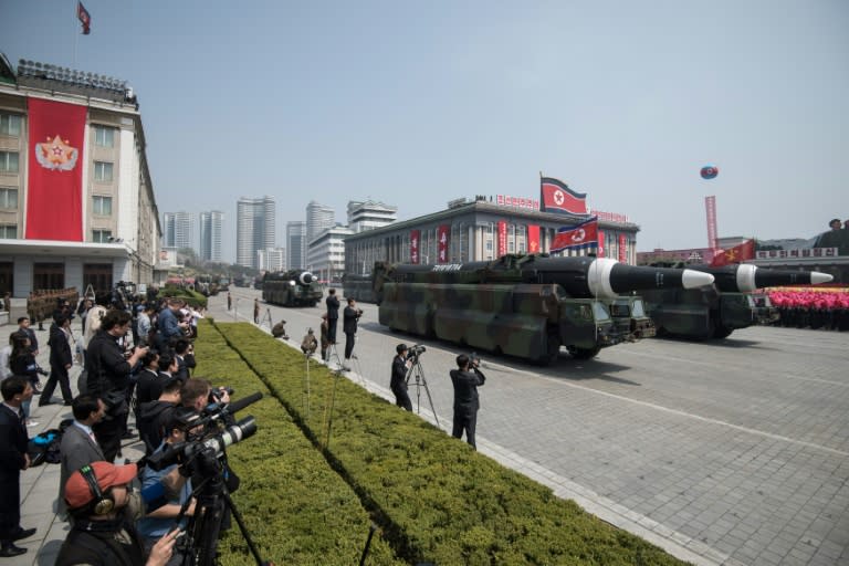 An unidentified rocket, reported to be a Hwasong-type missile similar to the one used in a May 14 test launch, features in a military parade in Pyongyang in April