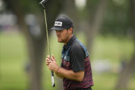 Mito Pereira, of Chile, reacts after missing a putt on the third hole during the second round of the PGA Championship golf tournament at Southern Hills Country Club, Friday, May 20, 2022, in Tulsa, Okla. (AP Photo/Sue Ogrocki)