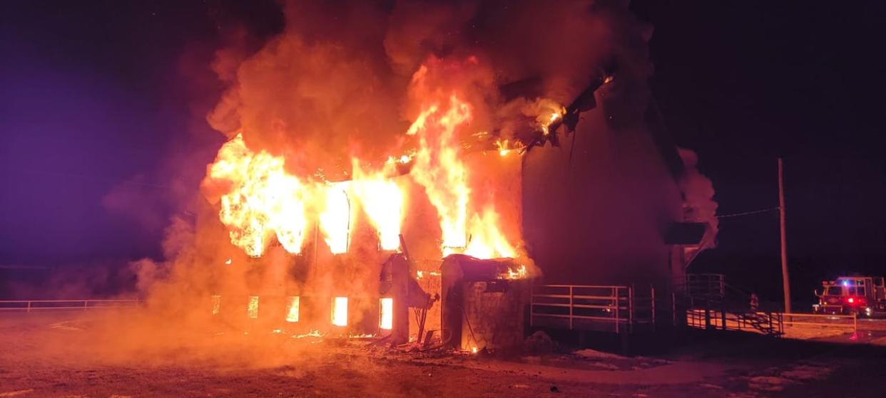 Four fire departments responded to a fire at the Beiseker Level-Land Seventh-day Adventist Church early Wednesday morning, but they were unable to save the building. (Submitted - image credit)