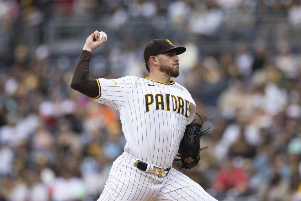 San Diego Padres' Joe Musgrove delivers a pitch to a Cleveland Guardians' batter in the first inning of a baseball game Tuesday, June 13, 2023, in San Diego. (AP Photo/Derrick Tuskan)