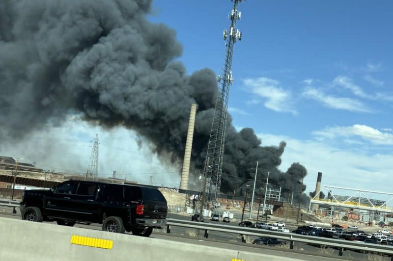 A massive plume of thick, black smoke rose over a steel mill in Pueblo, Colo., on Friday, prompting a shelter-in-place order. No hazardous substances were released during the blaze, according to the Environmental Protection Agency. Photo courtesy of Pueblo County Sheriff/X