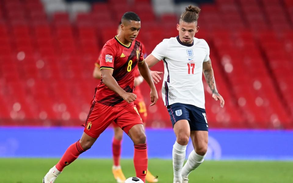 Belgium's Youri Tielemans in action with England's Kalvin Phillips - POOL VIA REUTERS