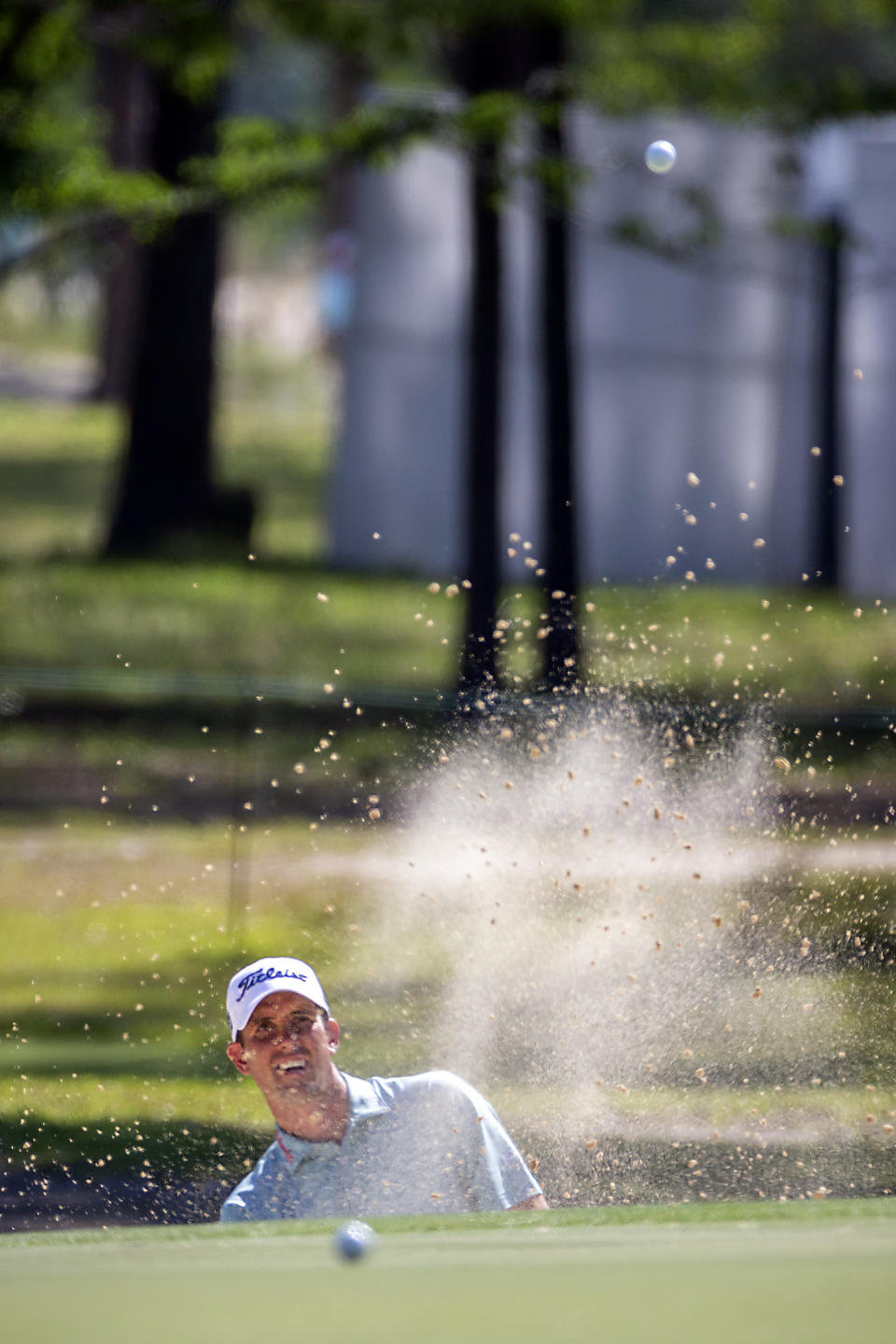 Chesson Hadley hits out of a bunker to the 12th green during the second round of the Palmetto Championship golf tournament in Ridgeland, S.C., Friday, June 11, 2021. (AP Photo/Stephen B. Morton)