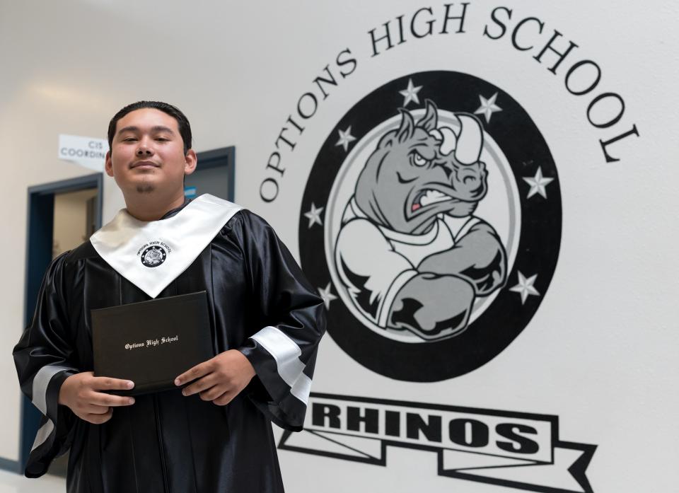 Options High School graduate Anthony Nunez transferred to the school in the second semester of his senior year from Pebble Hills High School after not being able to attend classes when his great-grandmother was in the hospital.