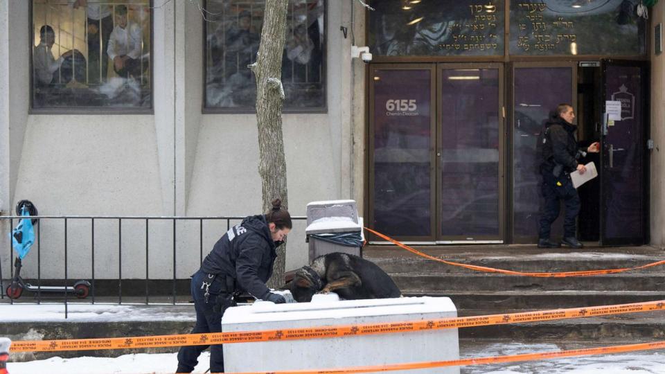 PHOTO: Police investigate the Yeshiva Gedolah school for clues after shots were fired, Nov. 9, 2023 in Montreal, Canada. (Ryan Remiorz/AP)