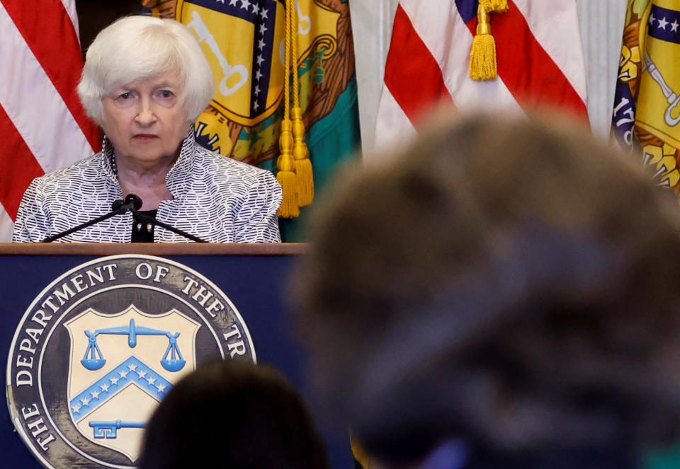 U.S. Treasury Secretary Janet Yellen holds a news conference in the Cash Room at the U.S. Treasury Department in Washington, U.S. July 28, 2022. REUTERS/Jonathan Ernst