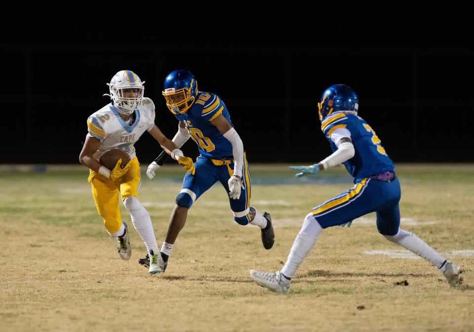 Cape Henlopen's Lextyn Wescott (2) returns an interception 30 yards to the Sussex Central 5 in the fourth quarter of the DIAA Class 3A football semifinal game last Friday night at Sussex Central.