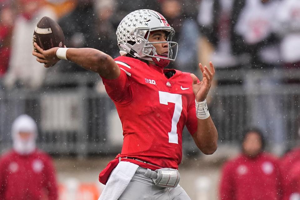 Ohio State Buckeyes quarterback C.J. Stroud (7) throws a pass during the first half of the NCAA football game against the Indiana Hoosiers at Ohio Stadium.