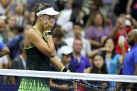 Sep 5, 2016; New York, NY, USA; Ana Konjuh of Croatia reacts after her match against Agnieszka Radwanska of Poland (not pictured) on day eight of the 2016 U.S. Open tennis tournament at USTA Billie Jean King National Tennis Center. Konjuh won 6-4, 6-4. Mandatory Credit: Geoff Burke-USA TODAY Sports