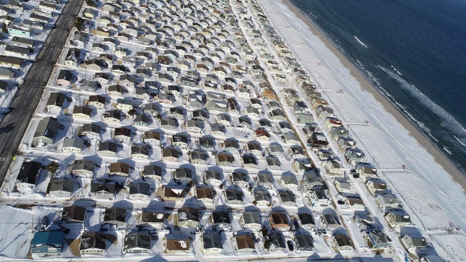 The snow covered Chadwick Beach section of Toms River is shown in this drone view looking north Monday afternoon, January 31, 2021.  