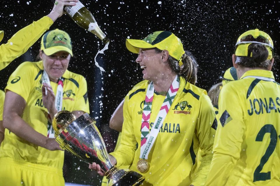 Meg Lanning, with trophy, captained Australia to World Cup glory earlier this year (PA) (PA Wire)