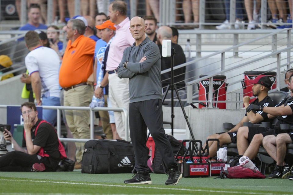 Toronto FC coach Bob Bradley watches during the first half of the team's MLS soccer match against FC Cincinnati on Wednesday, June 21, 2023, in Cincinnati. (AP Photo/Jeff Dean)