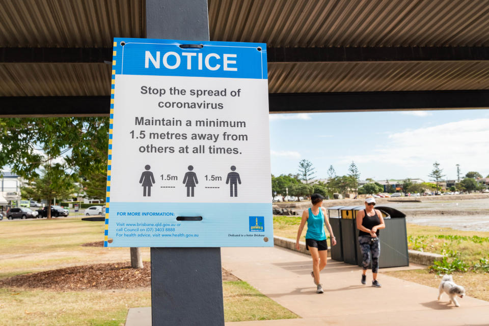 A sign in Brisbane informs the public about social distancing amid the Covid-19 pandemic. Source: SOPA  