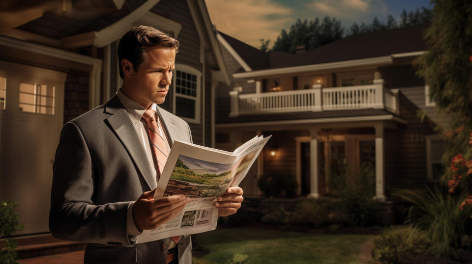 An experienced property and casualty insurance agent at a client's home, explaining the benefits of the company's homeowners' insurance policies.