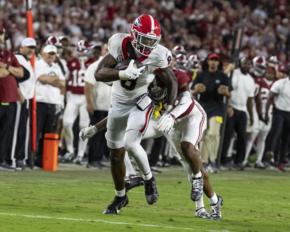 TUSCALOOSA, ALABAMA – SEPTEMBER 28: Colbie Young #8 of the Georgia Bulldogs runs with the ball during a game between the Georgia Bulldogs and the Alabama Crimson Tide at Bryant-Denny Stadium on September 28, 2024 in Tuscaloosa, Alabama. (Photo by Steve Limentani/ISI Photos/Getty Images)