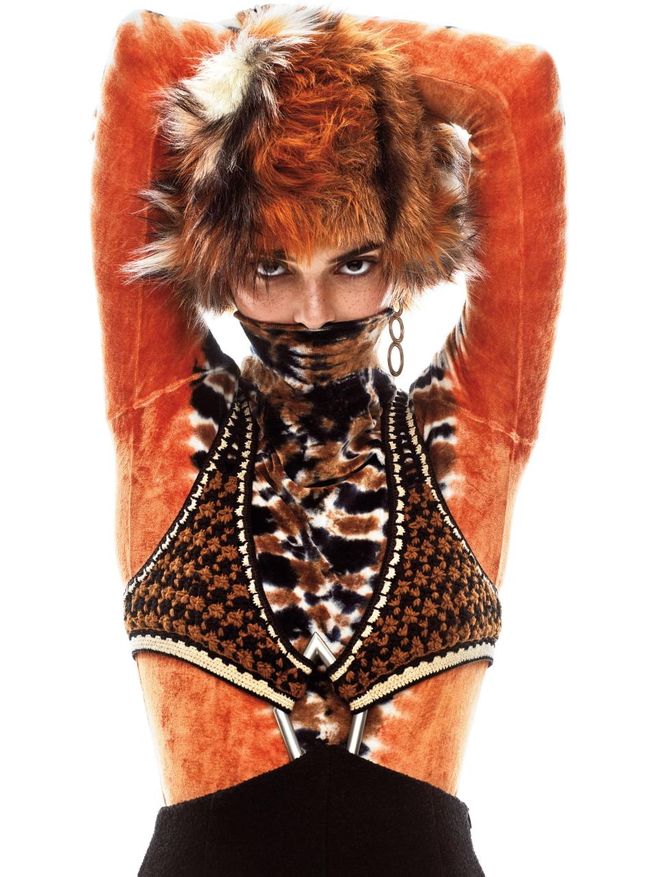 Predator or prey? One is never a fashion victim in Proenza Schouler. Jenner sports a tie-dye-and-macramé look by the design duo–the fund’s first-ever winners—and a faux-fur cloche by Albertus Swanepoel. Of the process, Swanepoel, a 2008 runner-up, admits, “The whole thing was pretty scary—and this was before social media!”