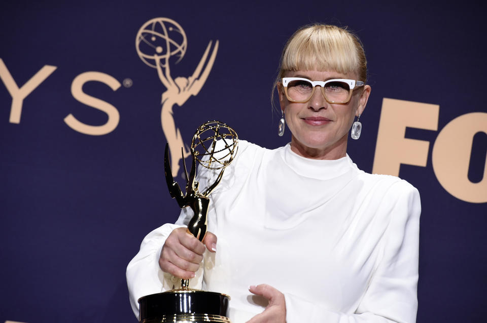 Patricia Arquette poses in the press room with the award for outstanding supporting actress in a limited series or movie for "The Act" at the 71st Primetime Emmy Awards on Sunday, Sept. 22, 2019, at the Microsoft Theater in Los Angeles. (Photo by Jordan Strauss/Invision/AP)