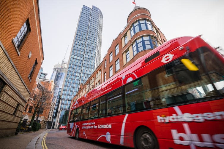 <span class="caption">Hydrogen buses were introduced in London to help reduce air pollution.</span> <span class="attribution"><a class="link " href="https://www.shutterstock.com/image-photo/londonuk501-double-decker-bus-motion-hydrogen-1008539275" rel="nofollow noopener" target="_blank" data-ylk="slk:Pajor Pawel/Shutterstock;elm:context_link;itc:0;sec:content-canvas">Pajor Pawel/Shutterstock</a></span>