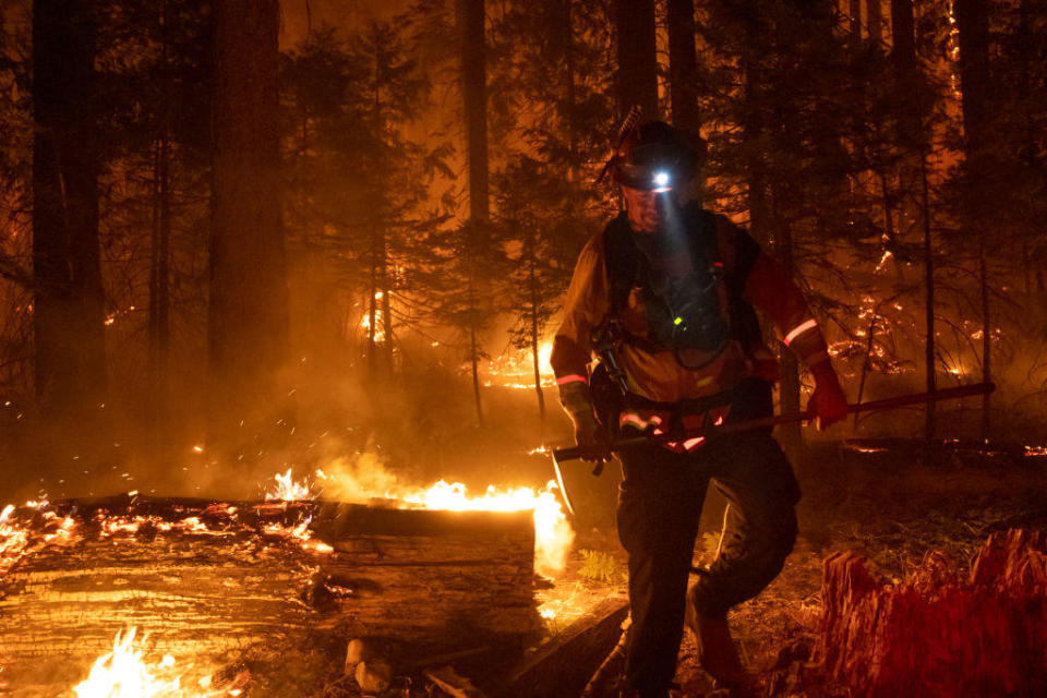 A firefighter battles the Caldor Fire in Kyburz on August 21, 2021.  / Credit: David Odisho/Bloomberg via Getty