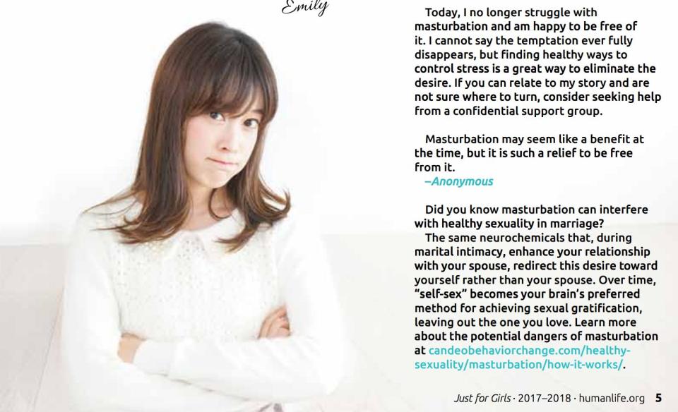 A portion of the abstinence pamphlet that students received at Deer Lakes High School. It shows a portion of a personal story about how an anonymous teen girl stopped masturbating and then features a short explanation of how masturbation can negatively affect a future marriage. (Photo: <a href="https://resources.humanlife.org/pdf/j4g2017.pdf" target="_blank">humanlife.org</a>)