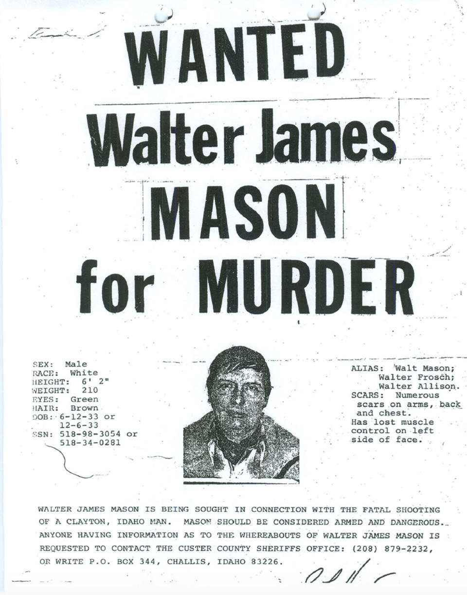 This 1980 wanted poster from the Custer County Sheriff's Office shows Walter James Mason as they sought him on a murder charge. Forty years ago, Brett Woolley's father Dan Woolley was shot in the parking lot of a small town bar deep in the Idaho mountains. Then the shooter crossed the street to the only other bar in town, ordered a drink, declared, "I just killed a man," and disappeared into the night. As days turned into years, Woolley accepted the likelihood that his father's murderer would never be found. But all that changed last fall when authorities arrested a former pro rodeo rider named Walter Mason in a small Texas village. (Custer County Sheriff's Office via AP)