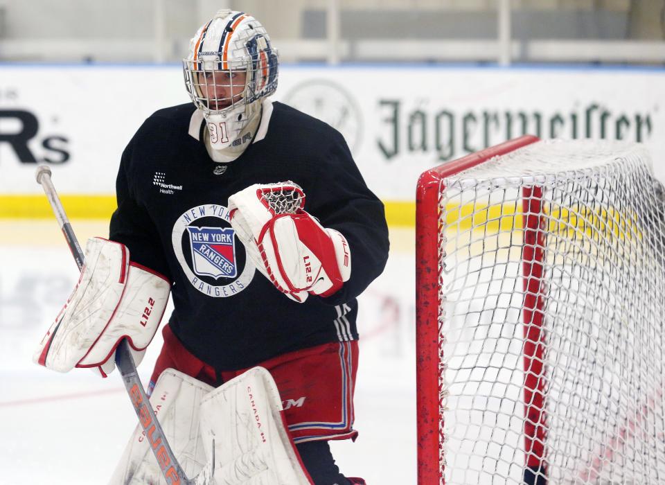 Dylan Garand takes part in the Rangers Prospect Development Camp at the Rangers Training facility in Tarrytown July 12, 2022. 