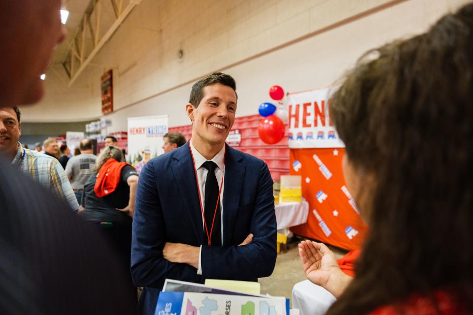 Utah Congressional 2nd District candidate Henry Eyring speaks with delegates during the Utah Republican Party’s special election at Delta High School in Delta on June 24, 2023. | Ryan Sun, Deseret News