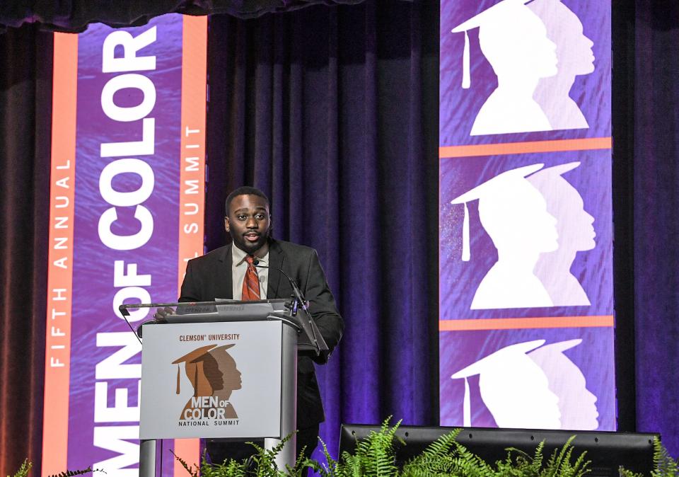 Malik Balogun, Student Body President and Industrial Engineering student at Clemson University speaks during the Clemson University Men of Color National Summit at the Greenville Convention Center in Greenville, S.C. Thursday, April 20, 2022.  