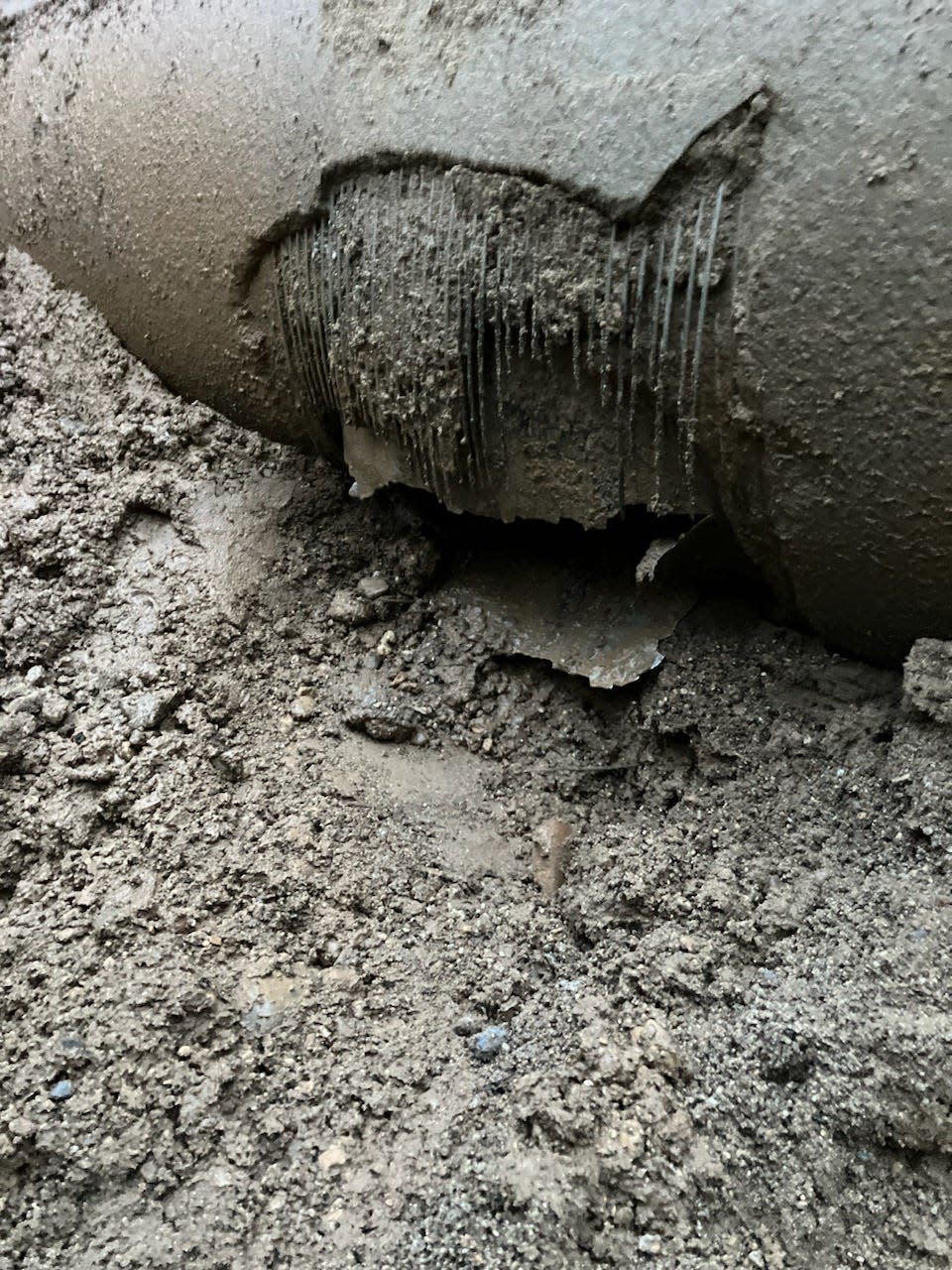 The break in a 30-inch water transmission main on Baseline Road in Northville.