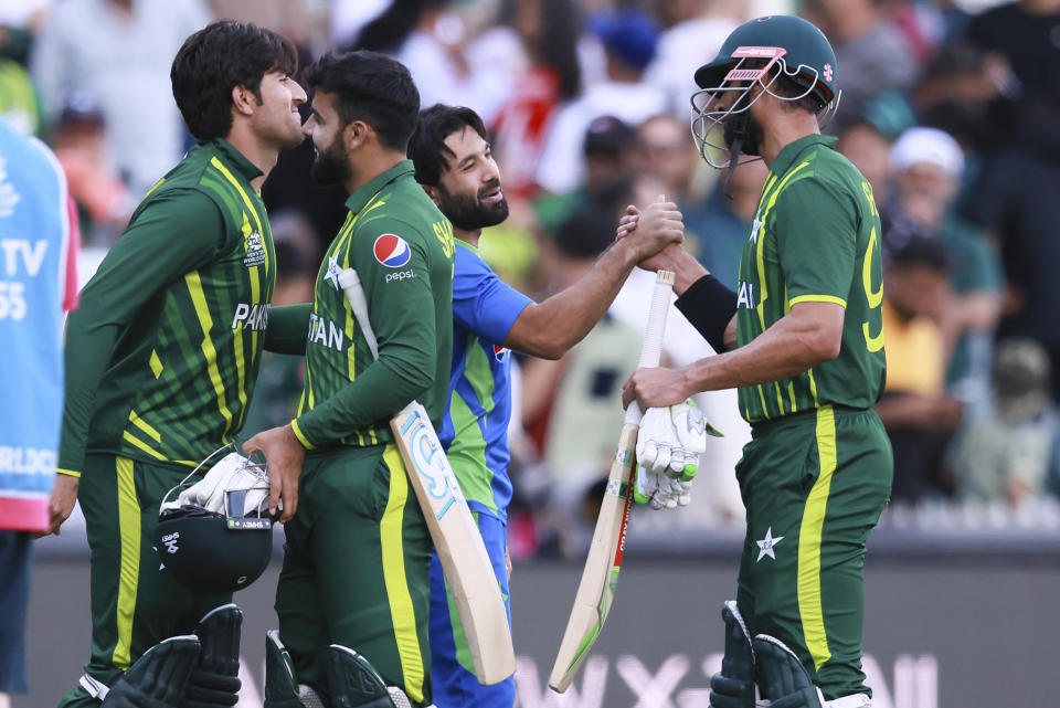 Pakistan players celebrate after the T20 World Cup cricket match against Bangladesh in Adelaide, Australia, Sunday, Nov. 6, 2022. (AP Photo/James Elsby)