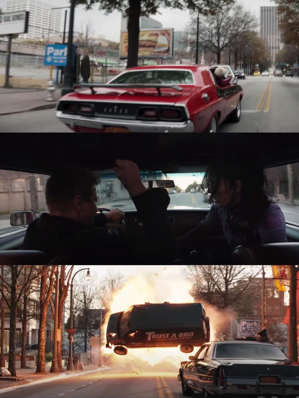 A car chase seen in the first trailer for "Hawkeye."