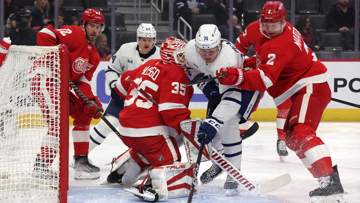 Maple Leafs forward Bobby McMann (#74) thought he had his first NHL goal, but it wasn't meant to be. (Photo by Gregory Shamus/Getty Images)