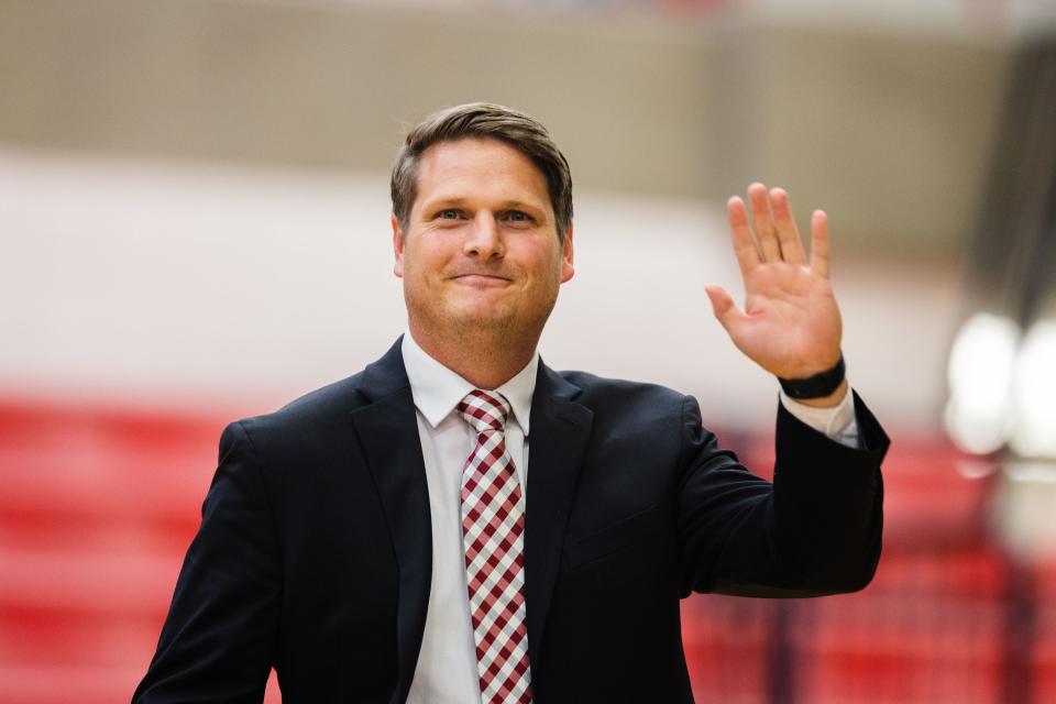 Utah Congressional 2nd District candidate Jordan Hess waves during the Utah Republican Party’s special election at Delta High School in Delta on June 24, 2023. | Ryan Sun, Deseret News