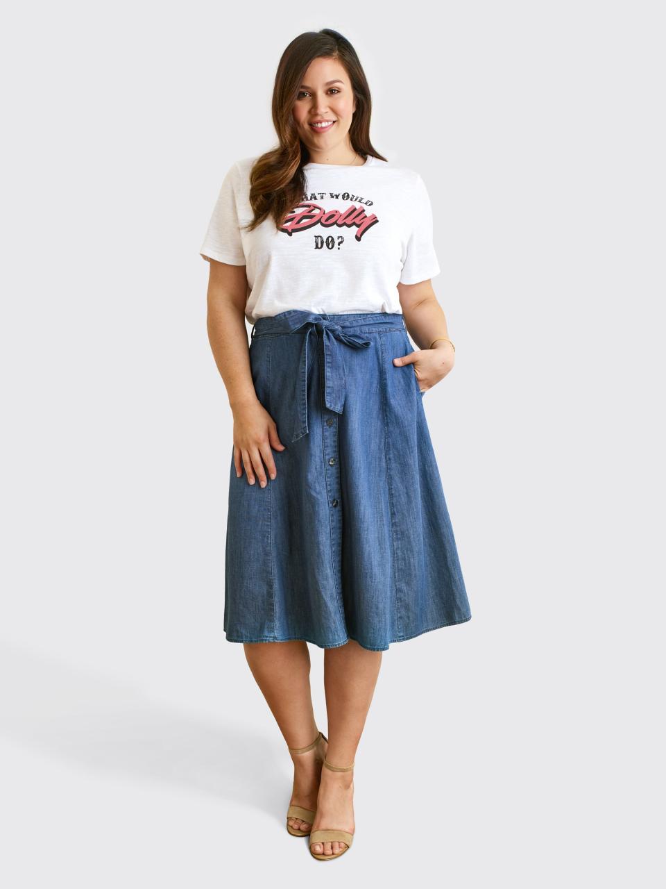 Draper James What Would Dolly Do Tee, $38, Draper James; Draper James Button Front Chambray Skirt, $88, Draper James