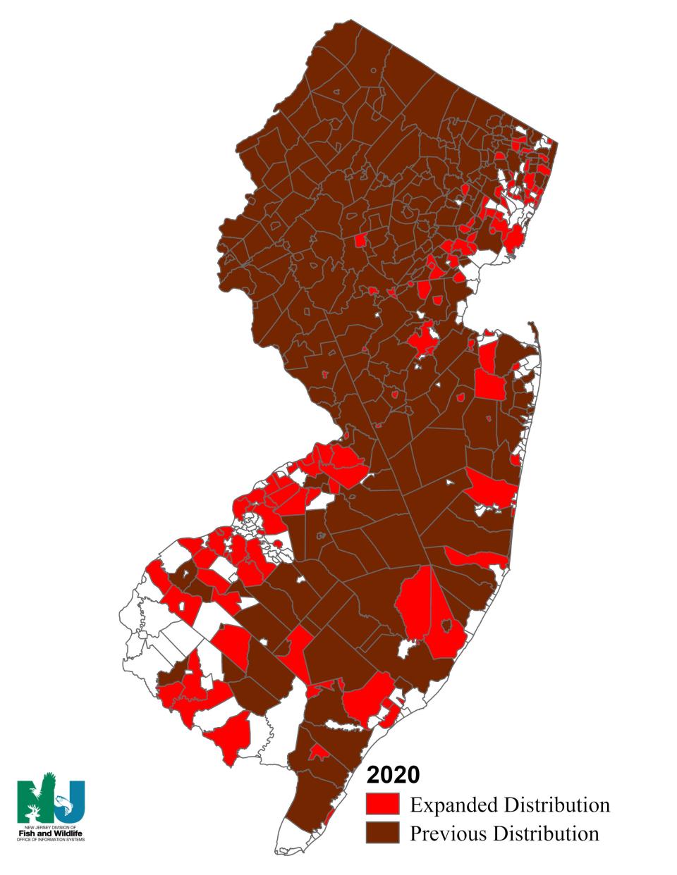 Map from DEP showing the distribution of black bears in New Jersey.