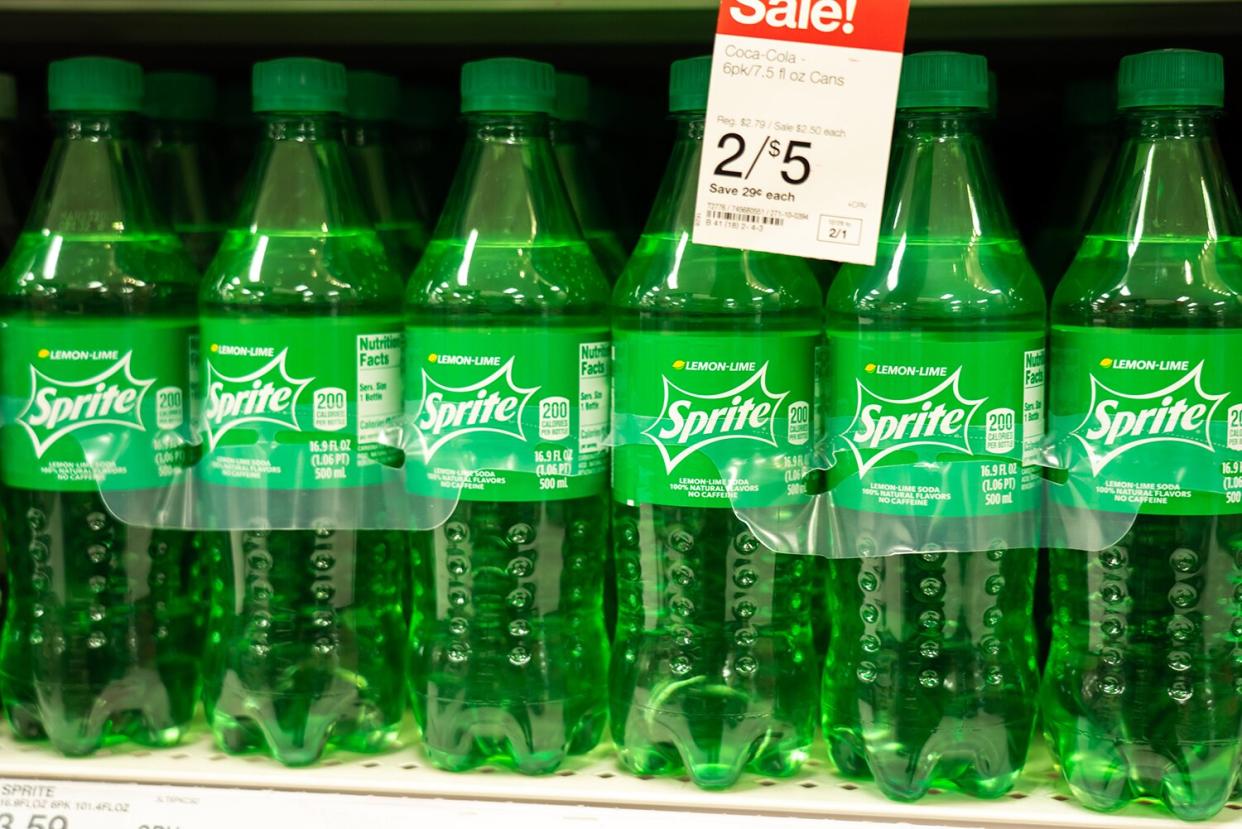 Bottles of Sprite, a lemon-lime beverage produced by the Coca-Cola Company, seen in a Target superstore.