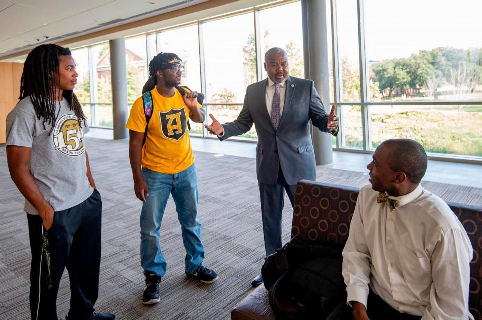 PHOTO: President of Alabama State University, Dr. Quinton T. Ross Jr., speaks with students across campus during the first day of classes in the fall of 2023, in Montgomery Ala. (Courtesy of Alabama State University)
