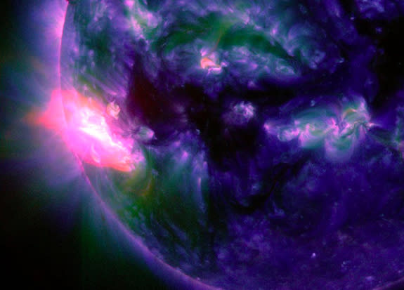 Close-up image of an X1.1 flare erupting from the sun on Oct. 19, 2014, captured by NASA's Solar Dynamics Observatory spacecraft.