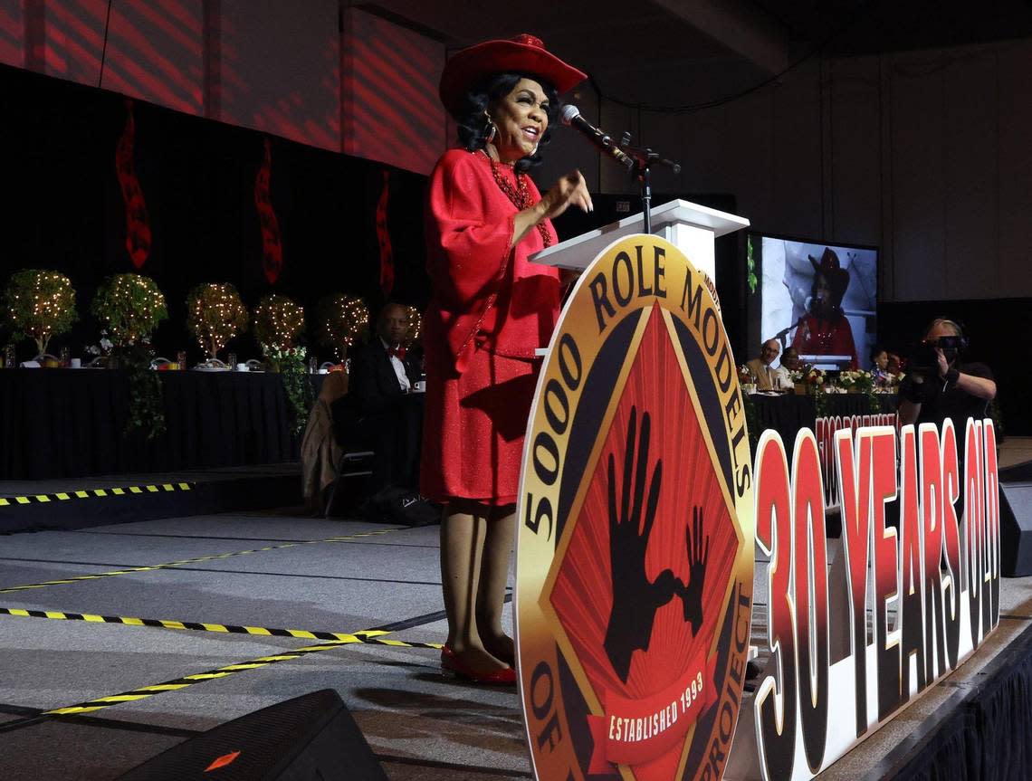 U.S. Rep. Frederica Wilson, founder of the 5000 Role Models of Excellence Project, gives her introduction during the 5000 Role Models of Excellence 30th scholarship breakfast at the Miami Beach Convention Center on Monday, Jan. 16, 2023.