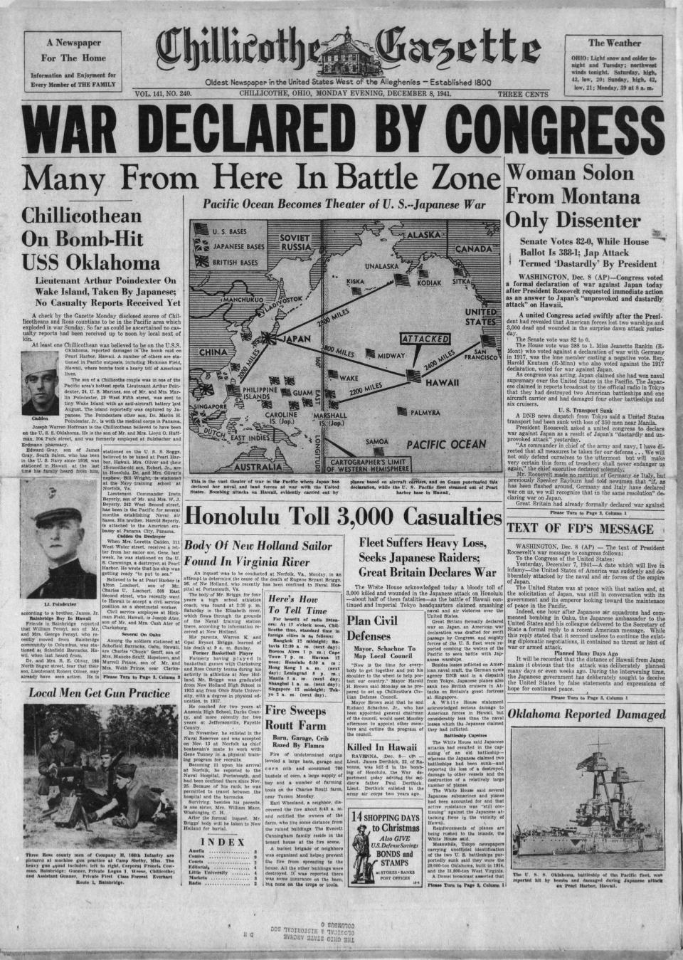 The front page of the Dec. 8, 1941 edition of the Chillicothe Gazette - the day after the Pearl Harbor attack.