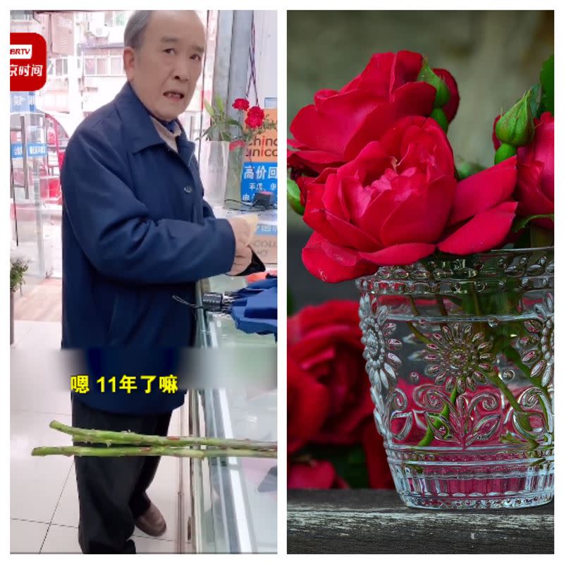老翁每周都來買玫瑰花。（組合圖／翻攝自時間視頻微博與Pixabay圖庫）