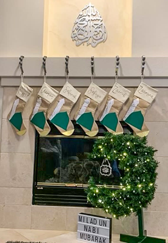 The Dewji house in Sanford, Fla., decorated with stockings and their crescent moon tree for Prophet Muhammad’s birthday. (Sakinah Dewji)