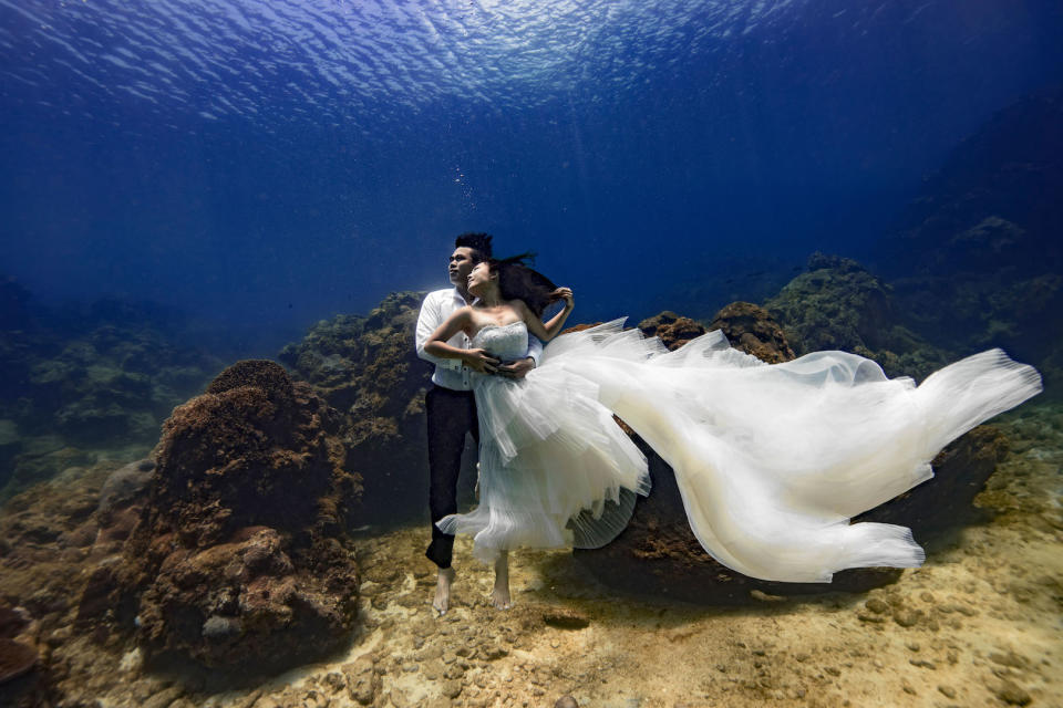 The couple posed for a series of dramatic wedding photographs [Photo: Caters]