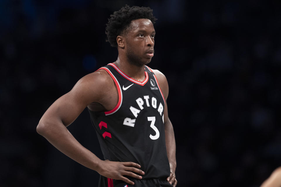 Toronto Raptors forward OG Anunoby during a break in action in the first half of an NBA basketball game against the Brooklyn Nets, Saturday, Jan. 4, 2020, in New York. (AP Photo/Mary Altaffer)