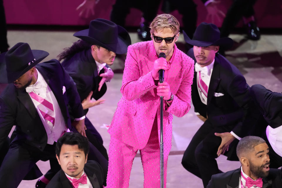 Ryan Gosling performs the song "I'm Just Ken" from the movie "Barbie" during the Oscars on Sunday, March 10, 2024, at the Dolby Theatre in Los Angeles. (AP Photo/Chris Pizzello)