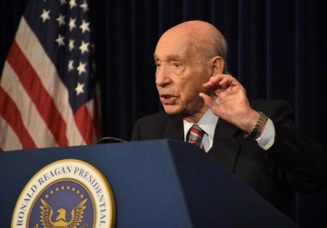 Auschwitz survivor David Lenga explains the horrors of the Holocaust to students who viewed an exhibit on the concentration camp at the Ronald Reagan Presidential Library in Simi Valley on Monday.